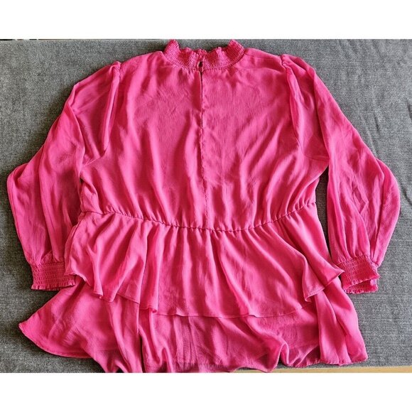 Torrid Top 3X Pink Babydoll Semi Sheer High Smocked NeckCuffs Long Sleeve Ruffle - Picture 13 of 16